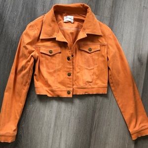 Neon orange crop denim button up jacket